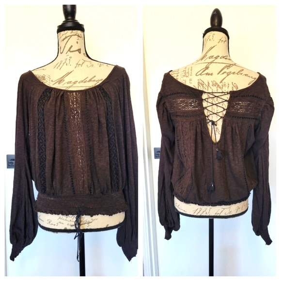 Free People Tops - Free People Boho Open Back Crochet Trimmed Peasant Blouse Top Long Sleeve Size M